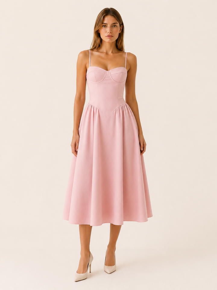Pink Midi Dress with Corset Bodice and A-Line Skirt – front view