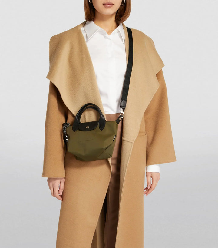 Longchamp Le Pliage Energy XS Crossbody Handbag Khaki Olive Green leather detail