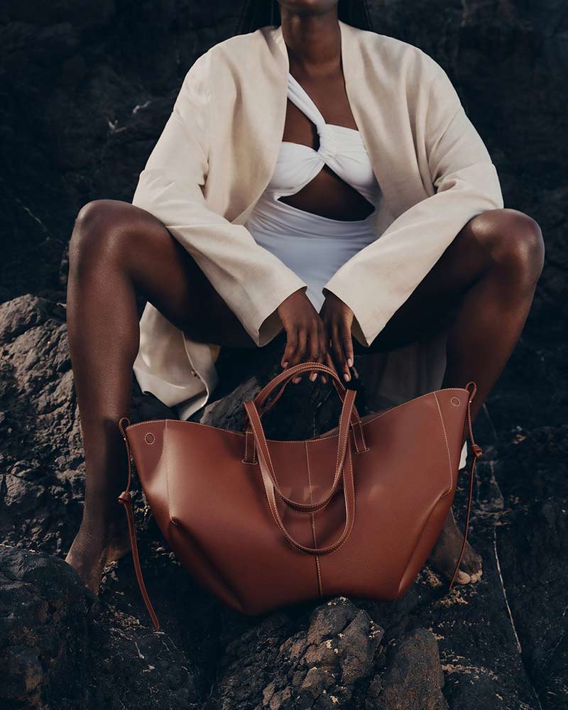 Cyme leather tote cognac top handle and zip closure detail