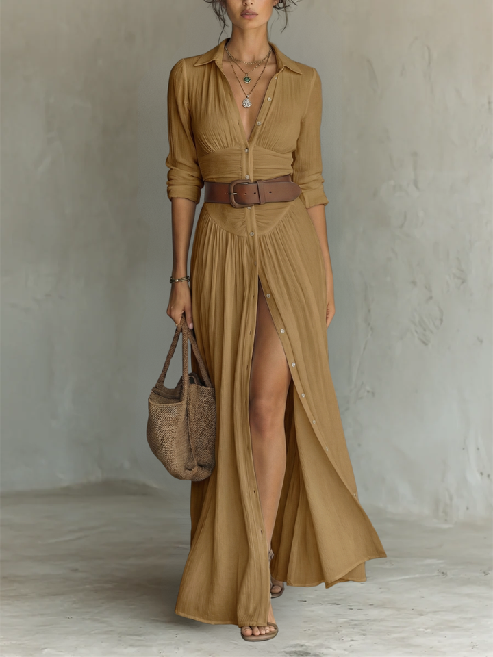 White Notched Collar Maxi Dress — styled shot