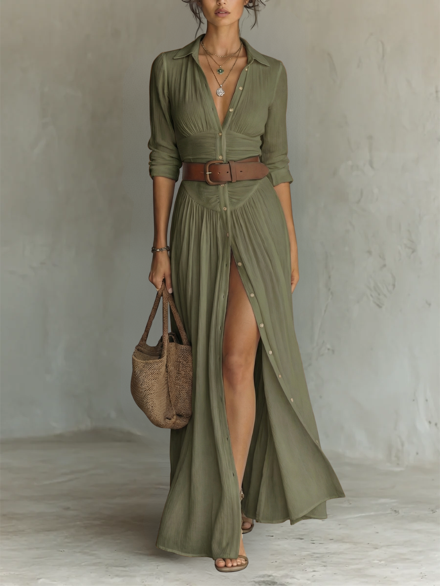 White Notched Collar Maxi Dress — styled shot