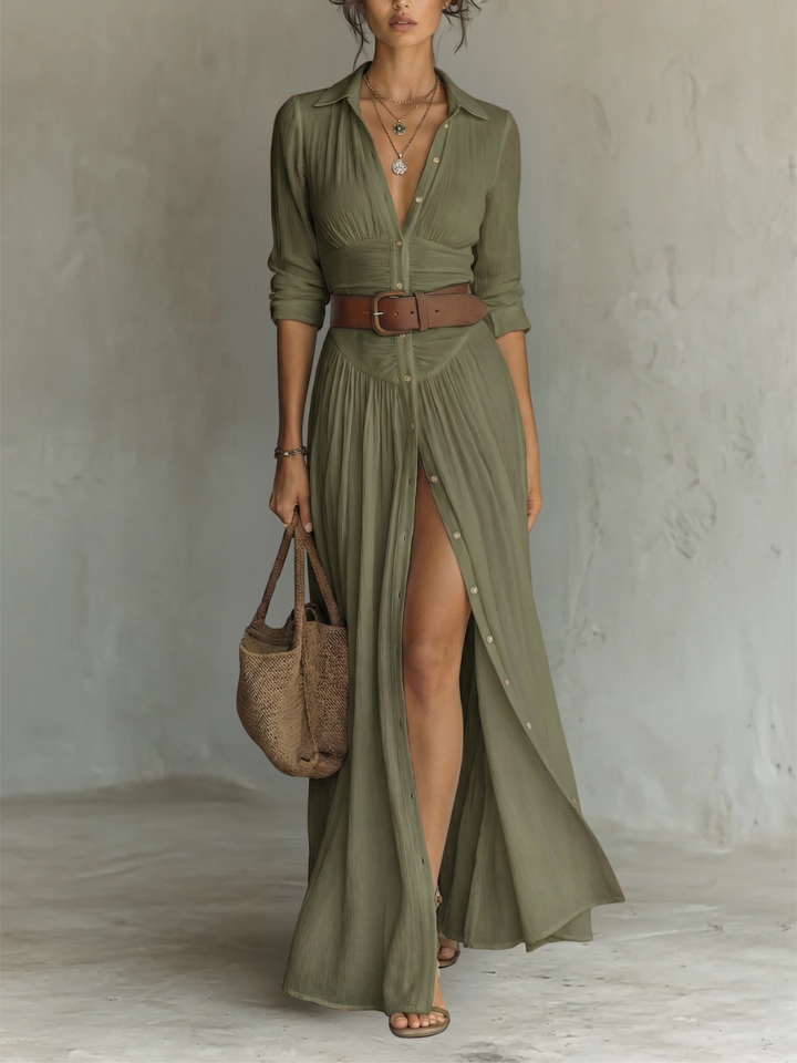 White Notched Collar Maxi Dress — styled shot