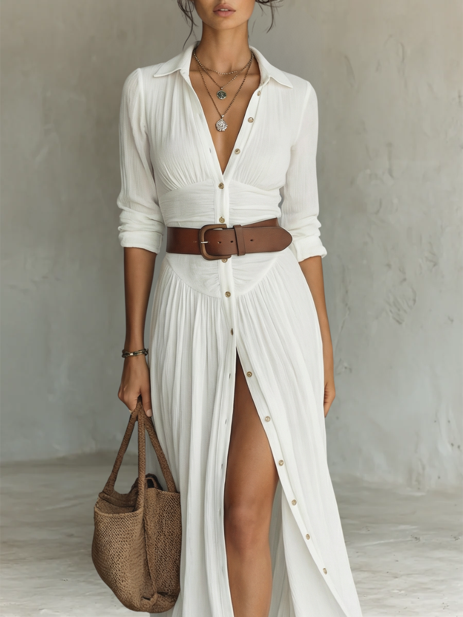 White Notched Collar Maxi Dress — styled shot