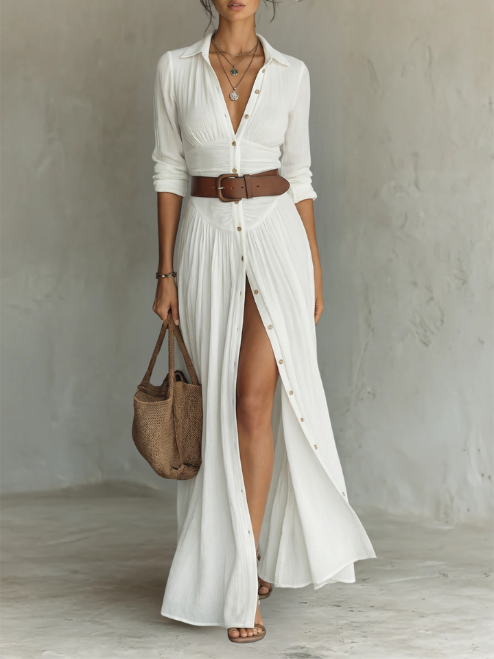 White Notched Collar Maxi Dress — styled shot