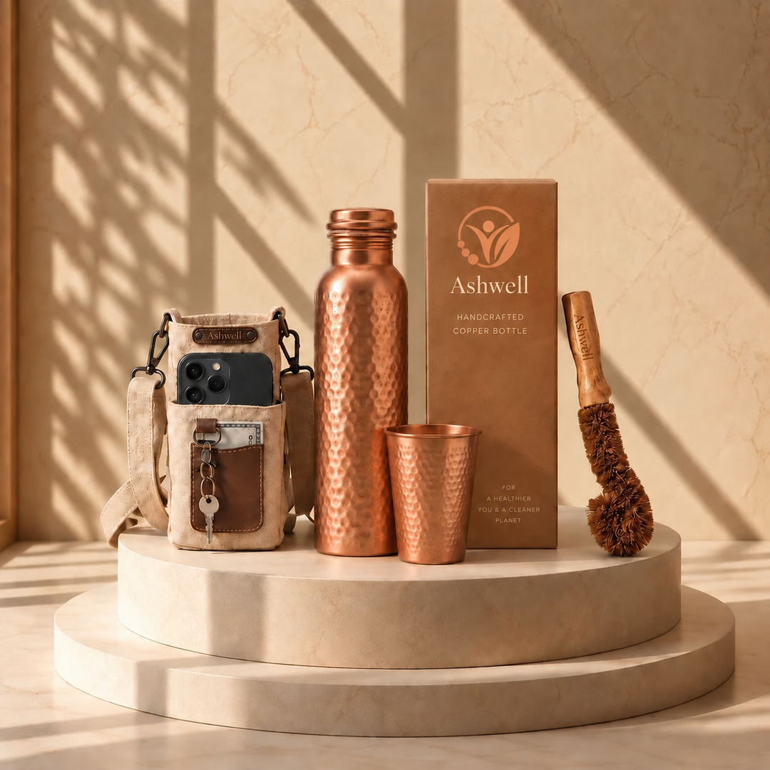 Ashwell Pure Copper Ritual Set | Handcrafted Copper Water Bottle and Tumbler | 34 Oz