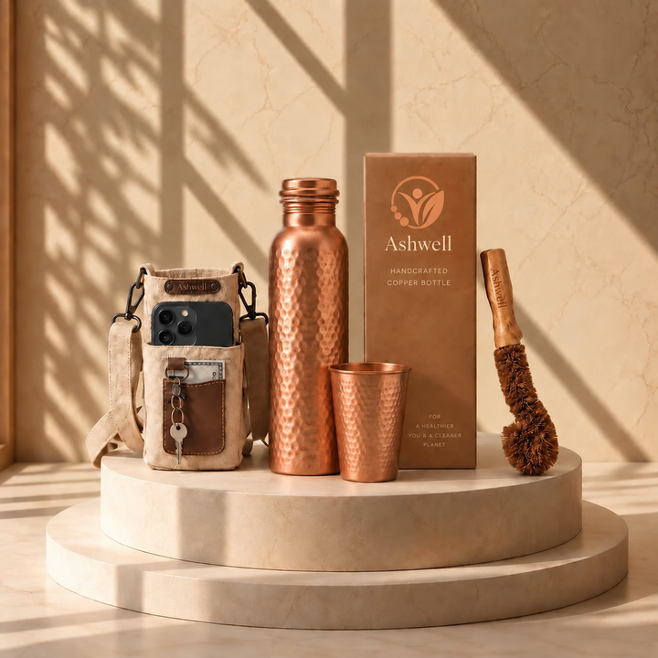 Ashwell Pure Copper Ritual Set | Handcrafted Copper Water Bottle and Tumbler | 34 Oz