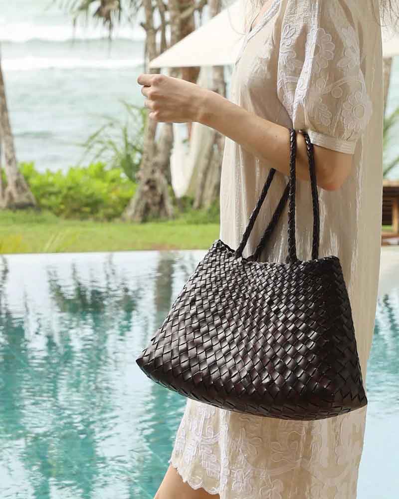 Everyday City Escape Dark Brown Woven Leather Tote