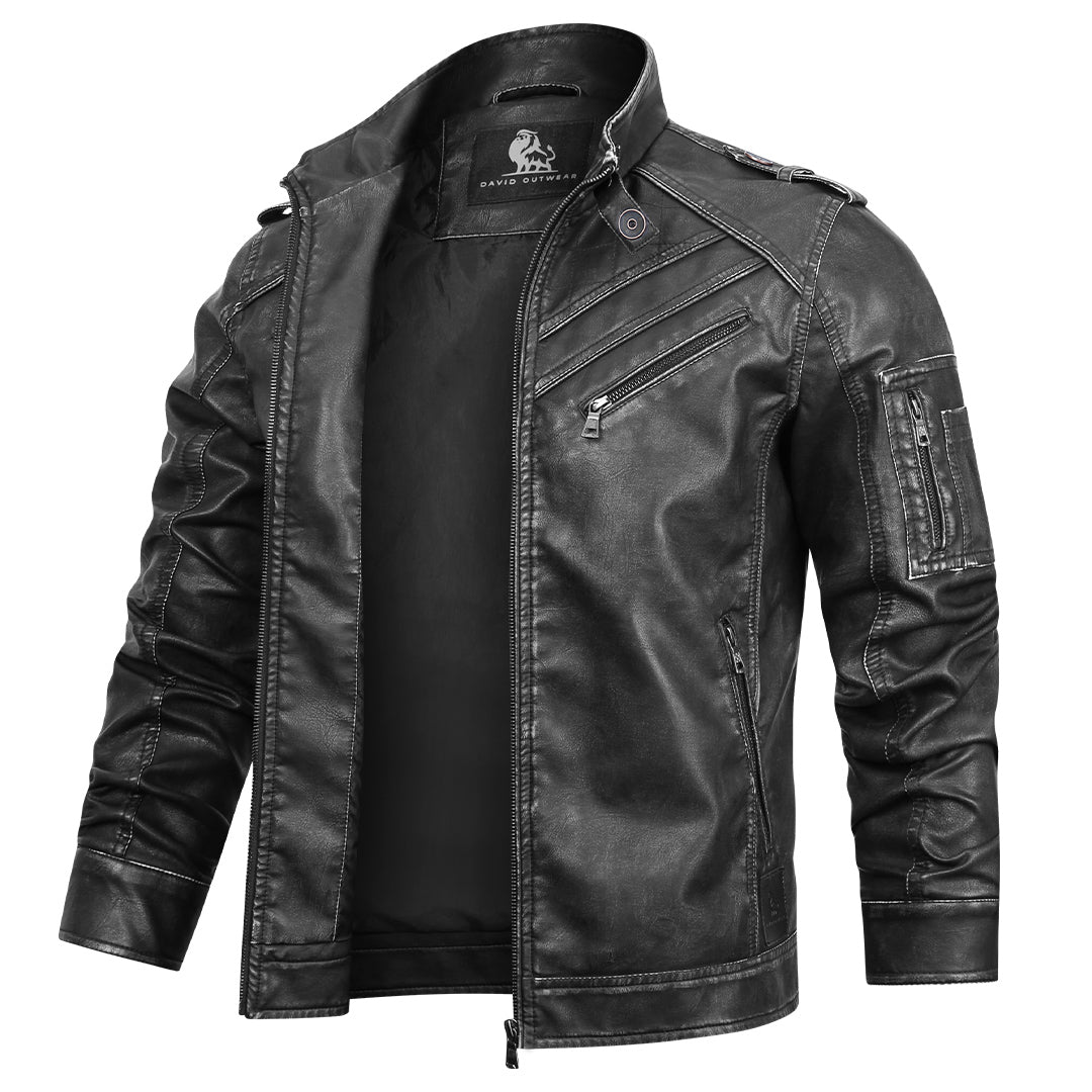 Engine Black Leather Jacket Men front view