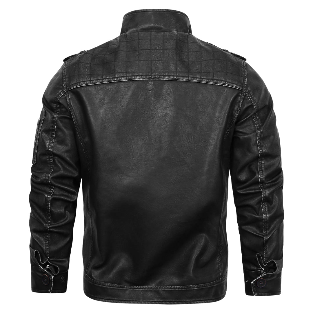 Engine Black Leather Jacket Men back view