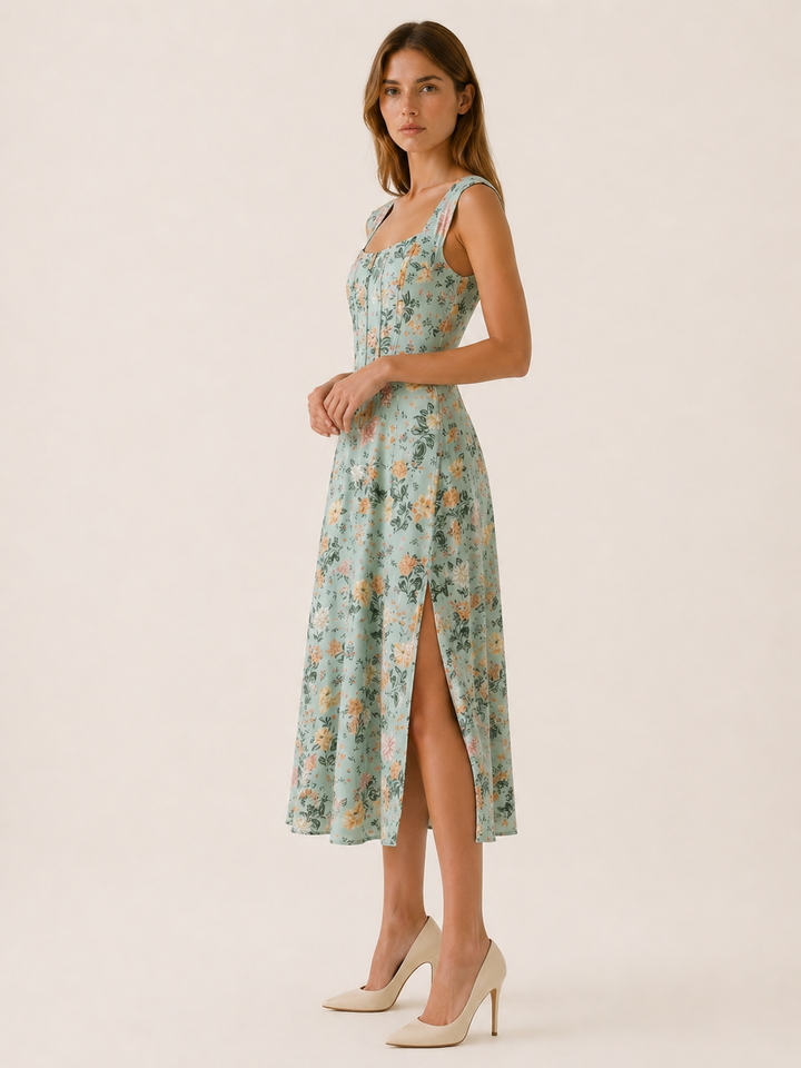 Dark Pink Floral Midi Sundress with Bustier Bodice – side view