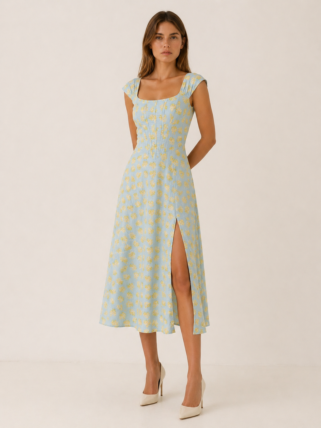 Green Floral Midi Sundress with Bustier Bodice – close-up