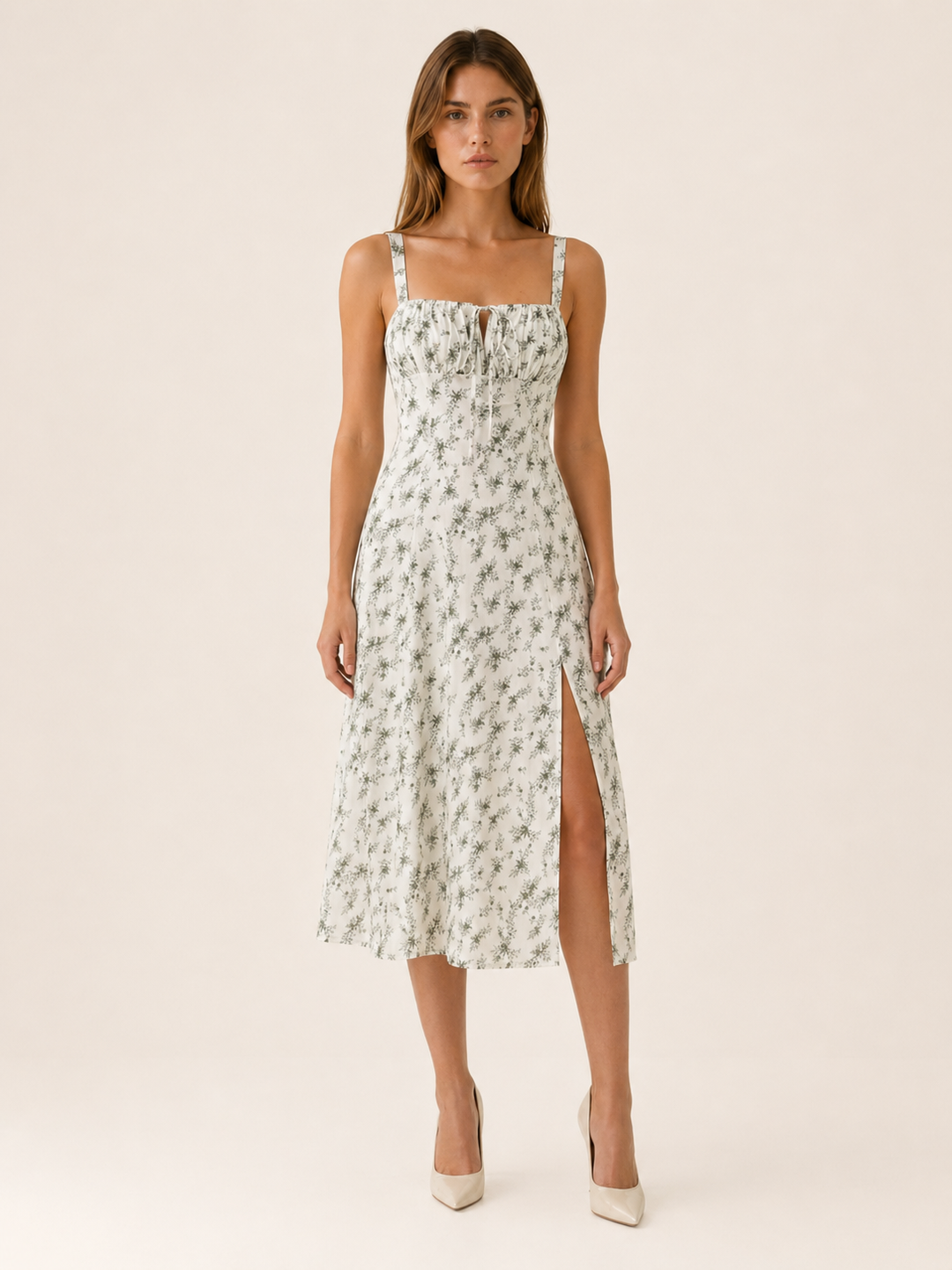 Baby Blue Floral Midi Sundress with Lace Up Detail – close-up
