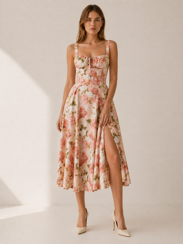 Hot Pink Floral Midi Sundress with Lace Up Front – front view