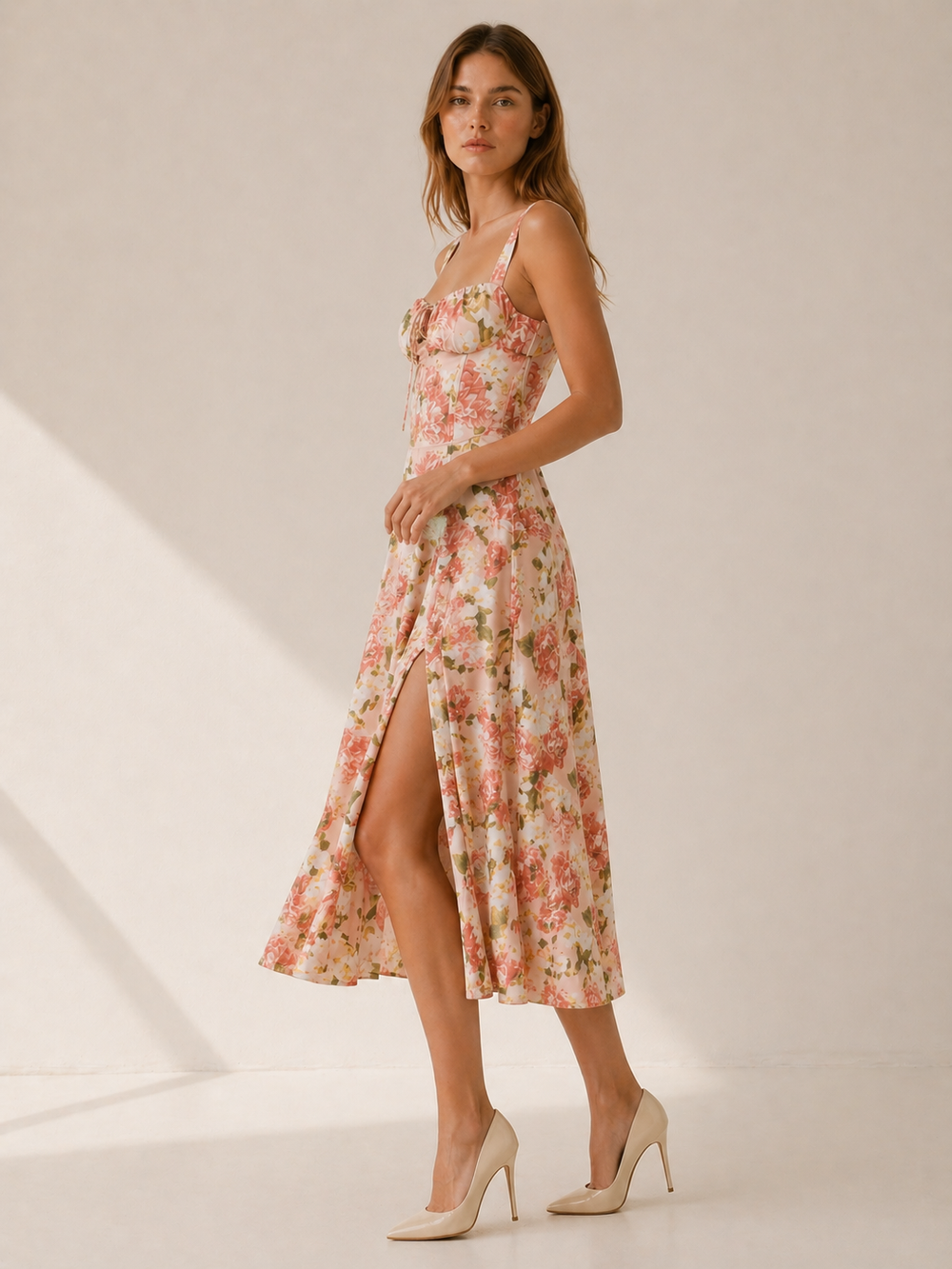 Yellow Floral Midi Sundress with Lace Up Front – side view