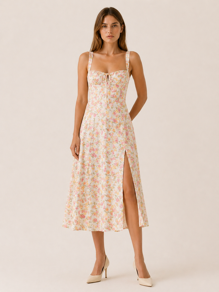 Hot Pink Floral Midi Sundress with Lace Up Front – full length view