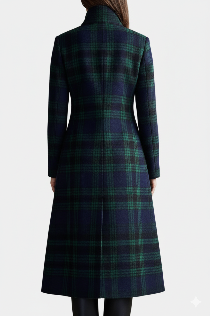Caterina checkered blue-green coat three-quarter view