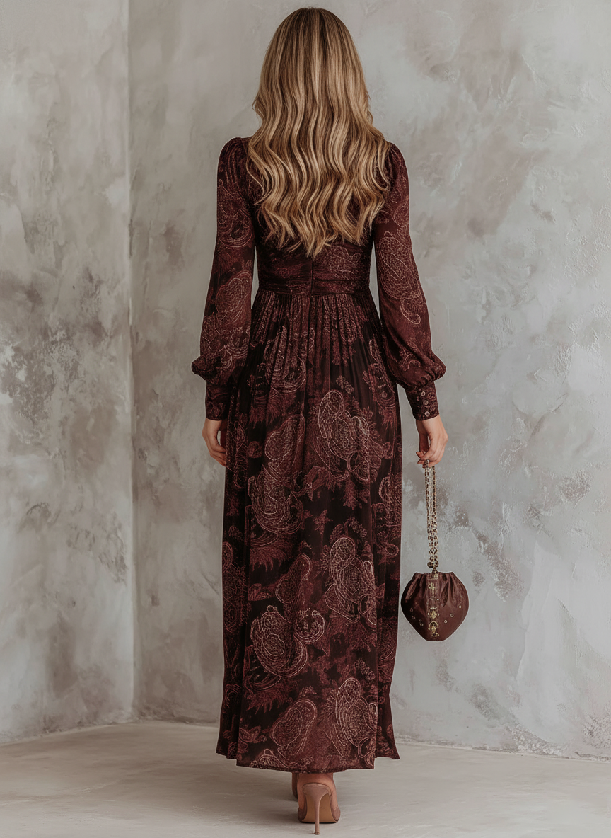 Zipper neck paisley midi dress detail close-up