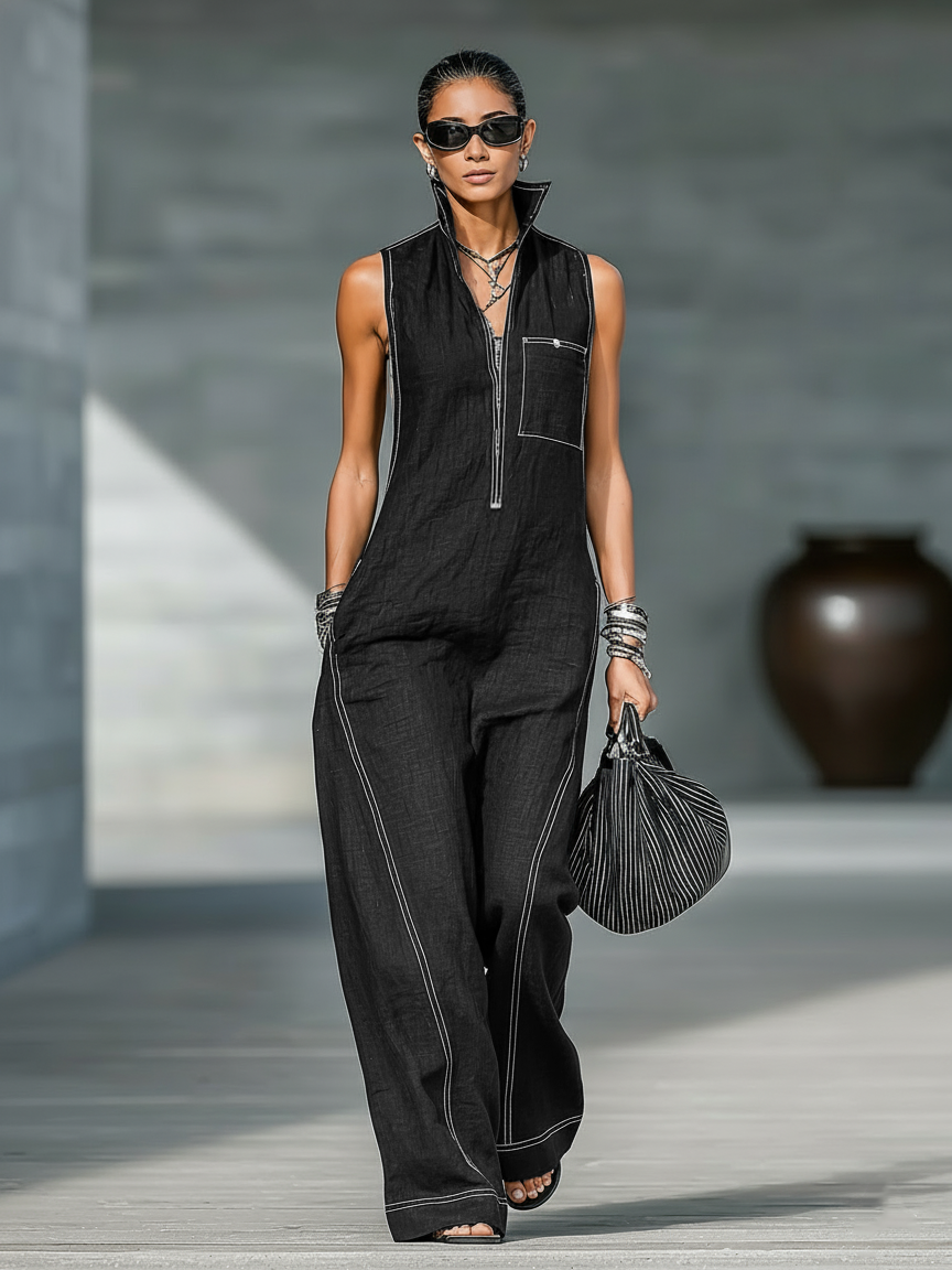 White Trim Minimalist Jumpsuit — lifestyle shot