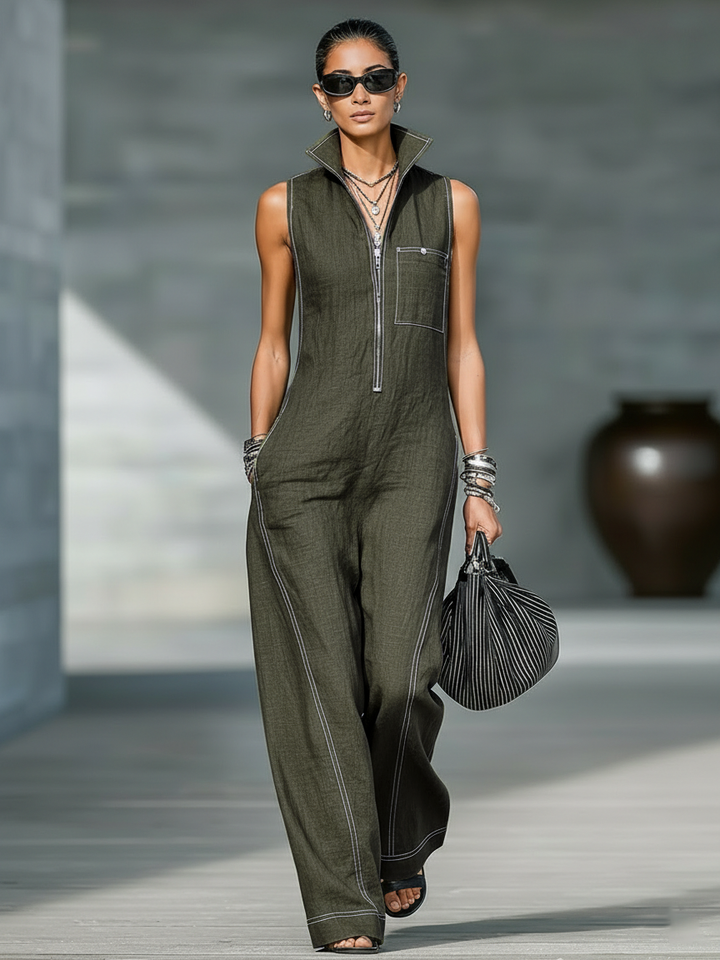 White Trim Minimalist Jumpsuit — lifestyle shot
