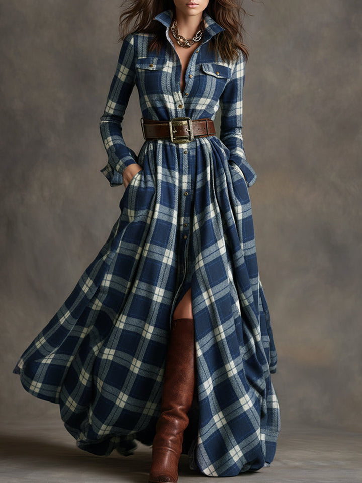 classic plaid maxi dress – reddish brown lapel style