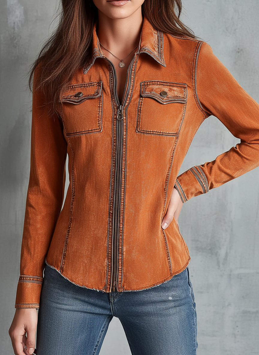 Burnt orange denim jacket side view