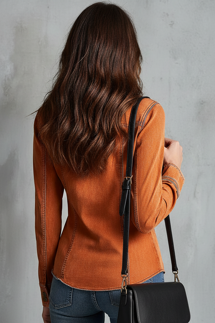 Utility zip denim jacket detail view