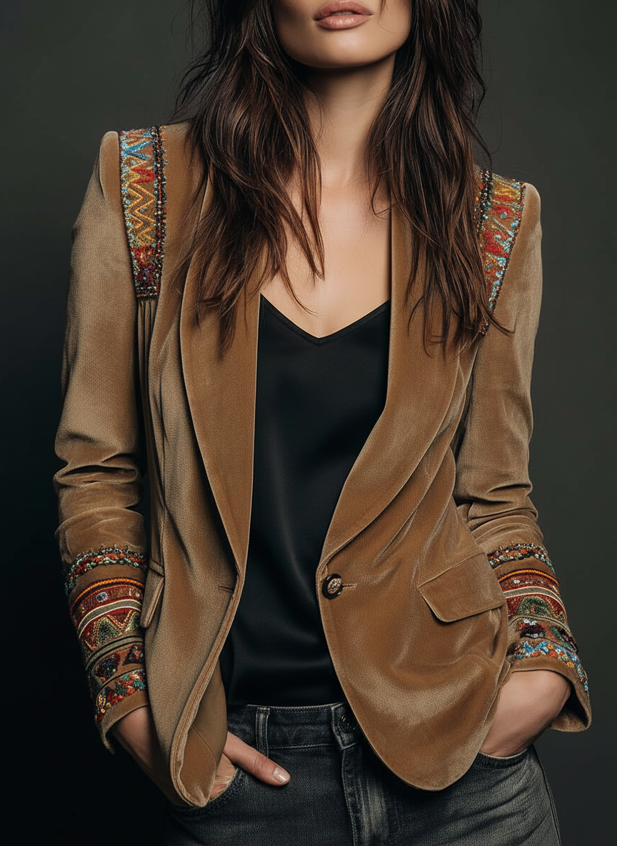 Boho embroidered velvet blazer side view