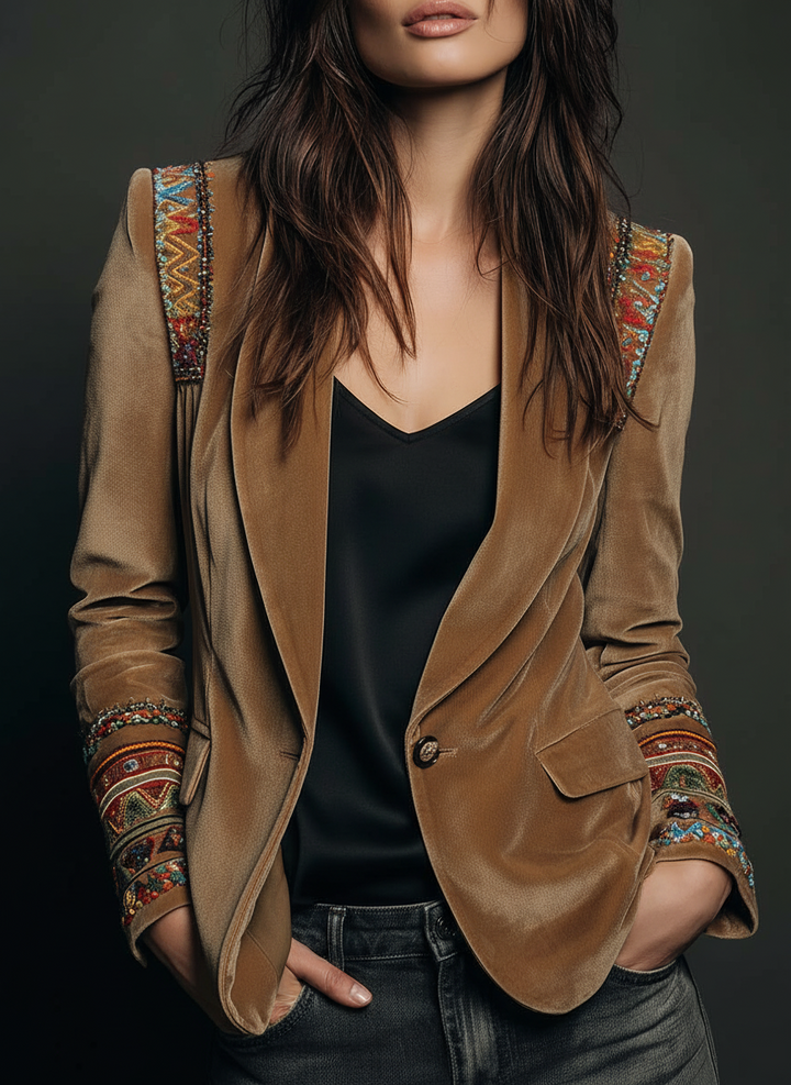 Boho embroidered velvet blazer side view