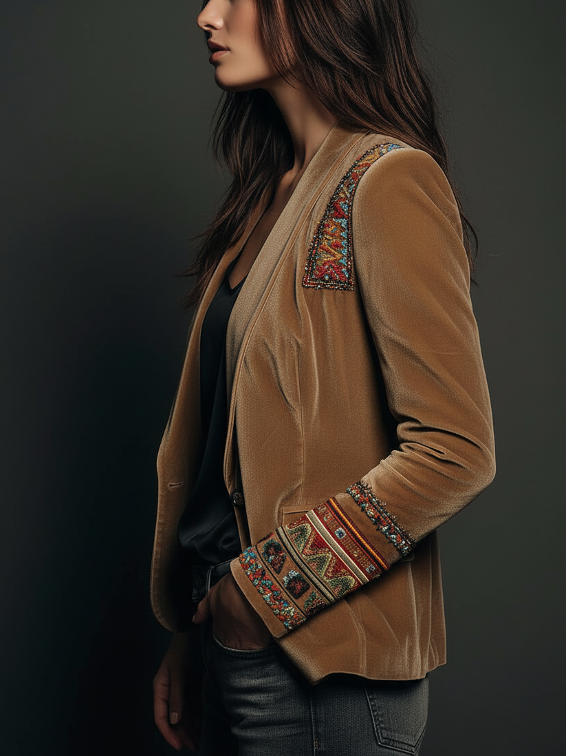 Embroidered velvet boho blazer detail view