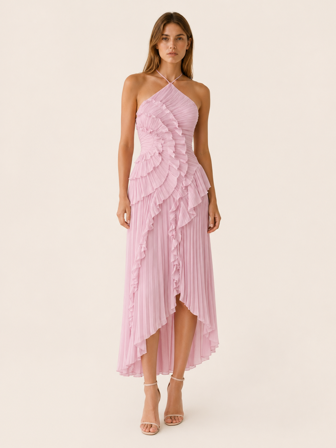 Pink Halter Neck Maxi Dress with Ruffle Detail – front view