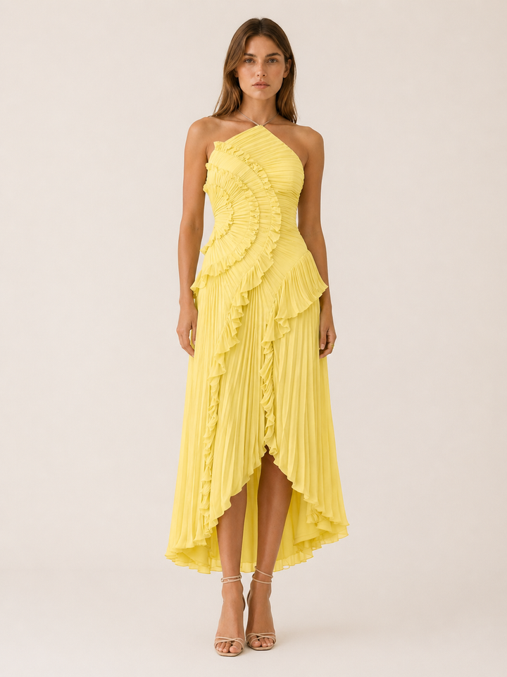 Pink Halter Neck Maxi Dress with Ruffle Detail – close-up