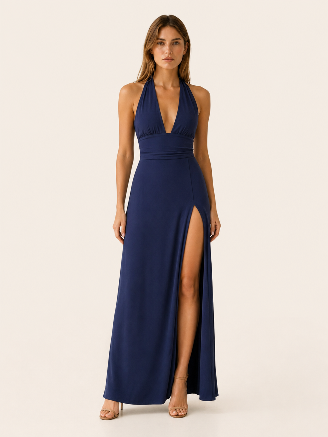 Black Halter Neck Maxi Dress with Side Slit – angled view