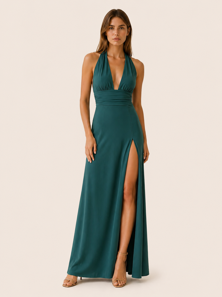 Black Halter Neck Maxi Dress with Side Slit – model view