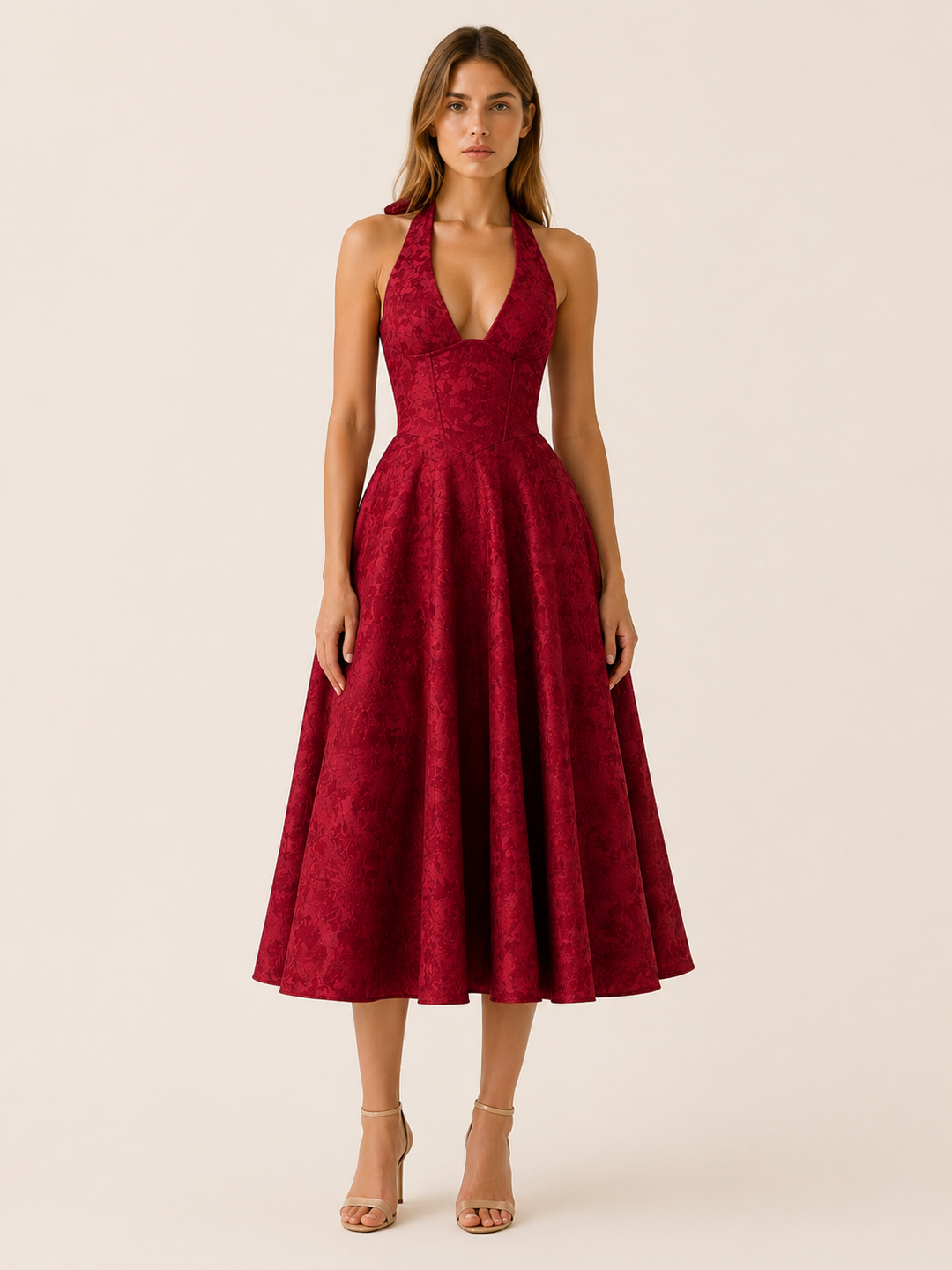 Red Halter Neck Midi Dress with Corset Bodice – detail view