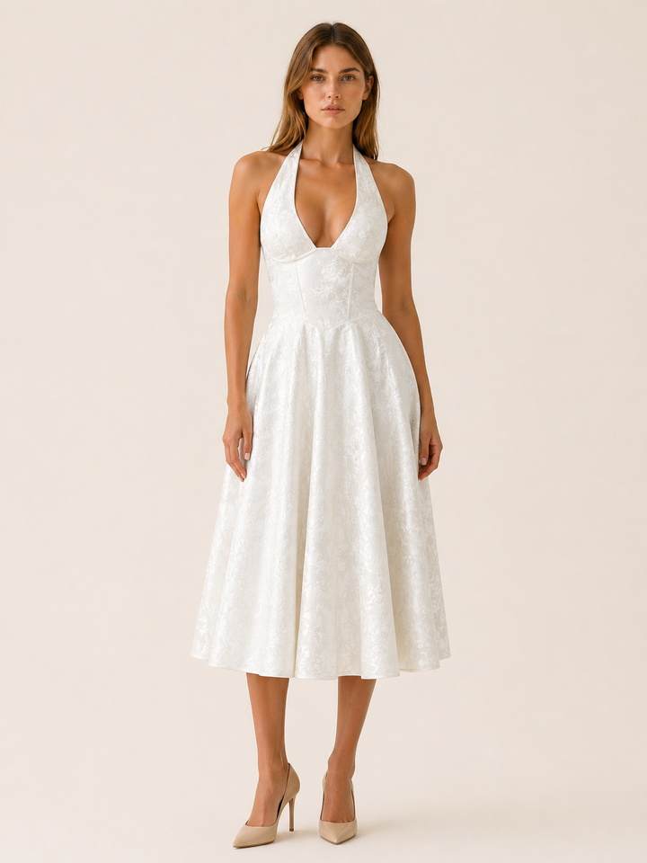 Pink Halter Neck Midi Dress with Corset Bodice – close-up
