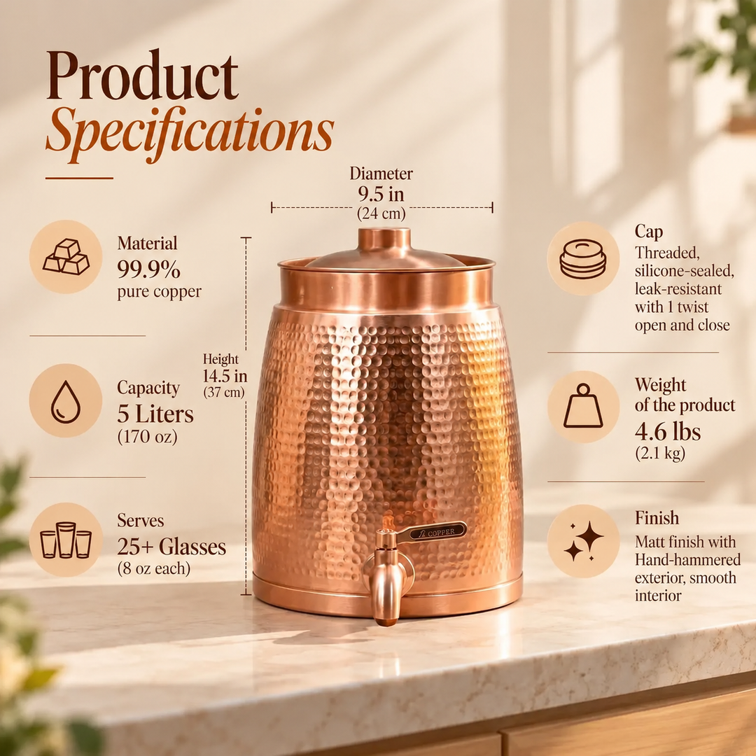 Hammered copper water dispenser product specifications, 5 liter capacity