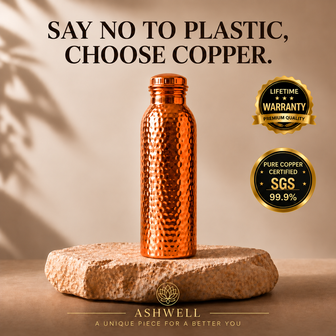 Pure copper water bottle, 1L, styled in a luxury beige setting