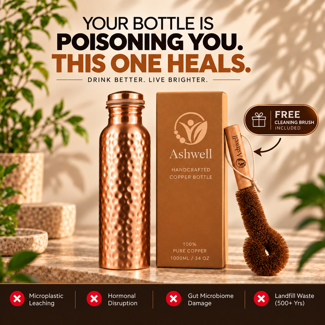 Ashwell copper water bottle styled with a natural wellness lifestyle message