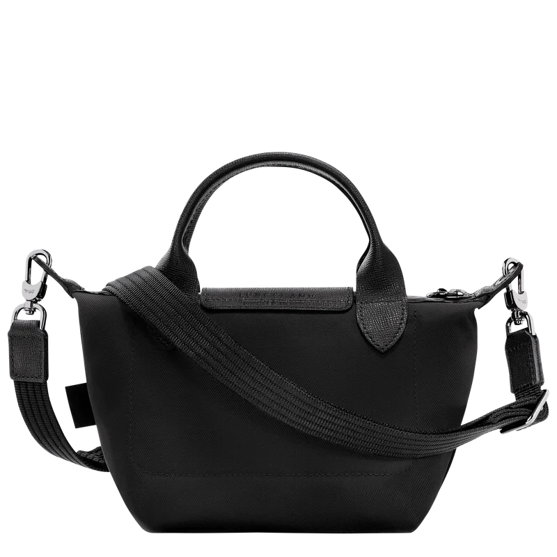 Longchamp Le Pliage Energy XS Black Handbag zipper closure detail with adjustable shoulder strap
