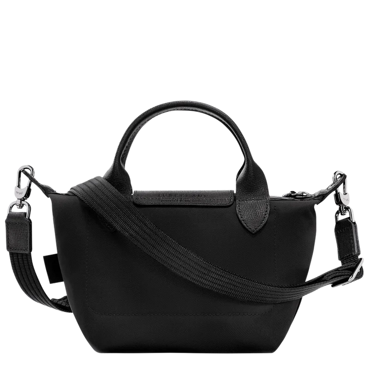 Longchamp Le Pliage Energy XS Black Handbag zipper closure detail with adjustable shoulder strap
