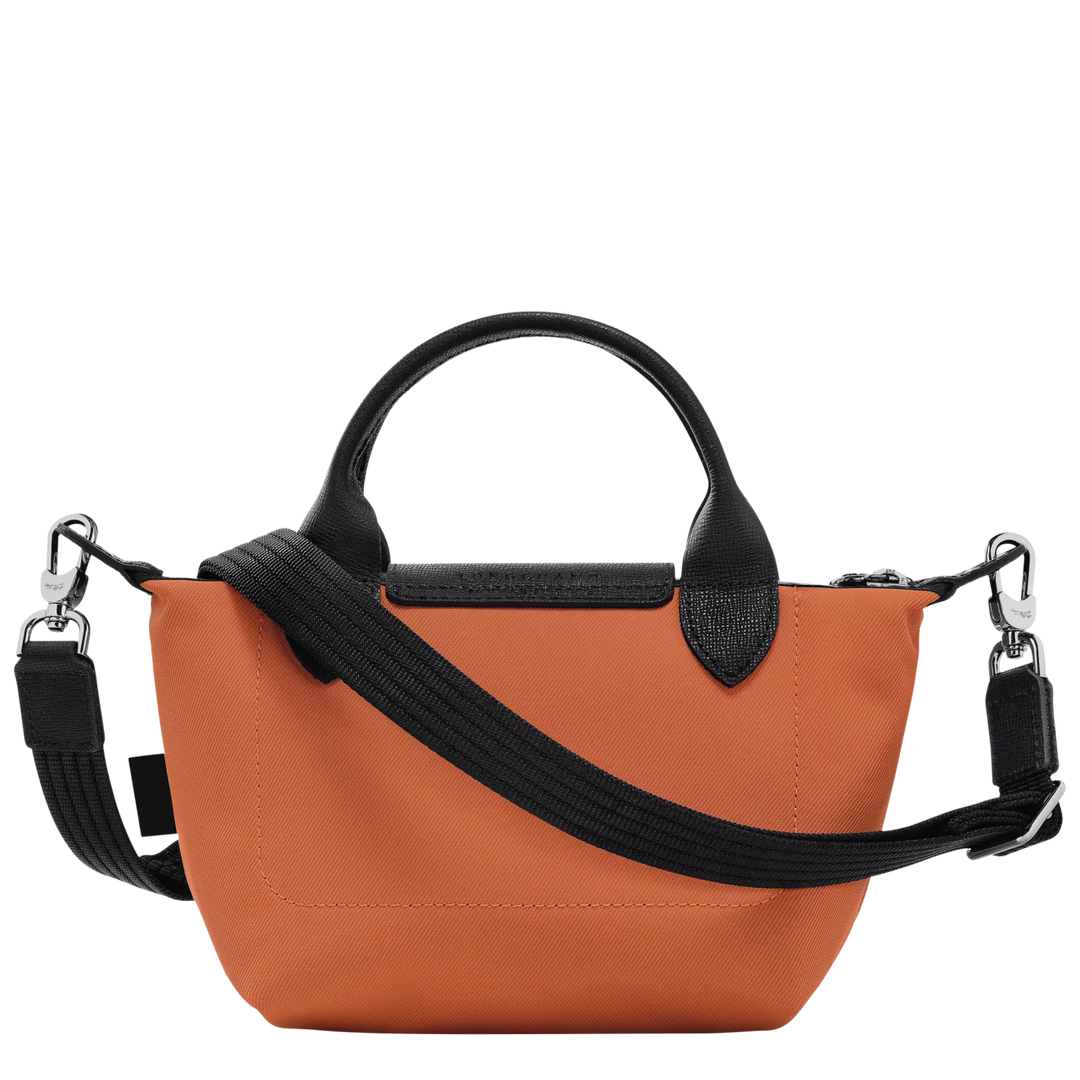 Longchamp Le Pliage Energy XS Sienna Handbag zipper closure detail in sienna orange with adjustable strap
