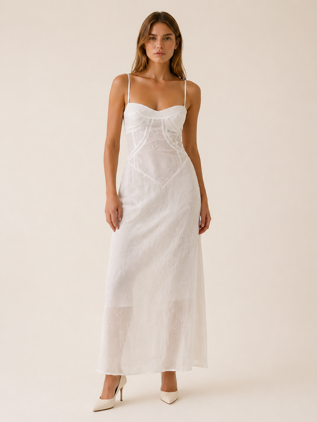 White Lace Maxi Dress with Strappy Detail – front view