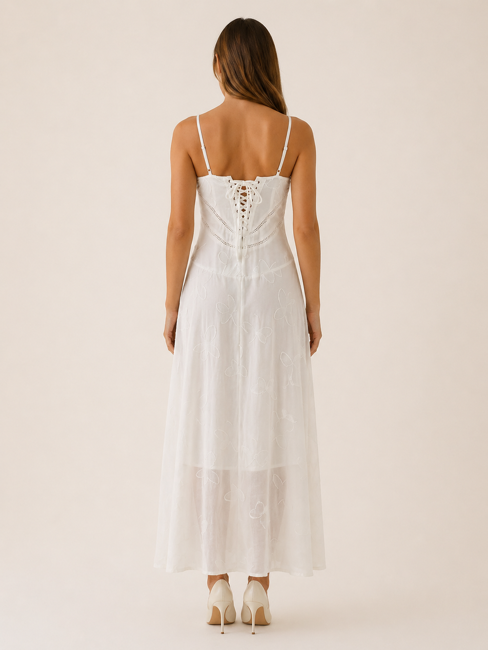 White Lace Maxi Dress with Strappy Detail – side view
