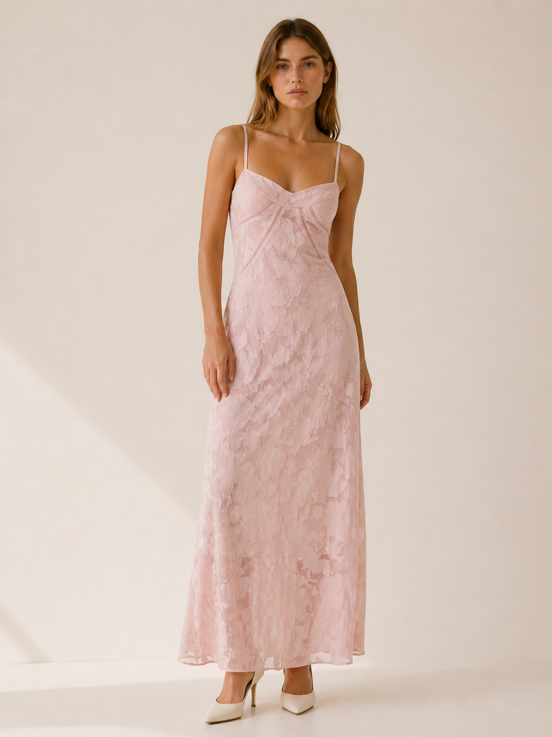 Pink Lace Maxi Dress with Strappy Detail – detail view