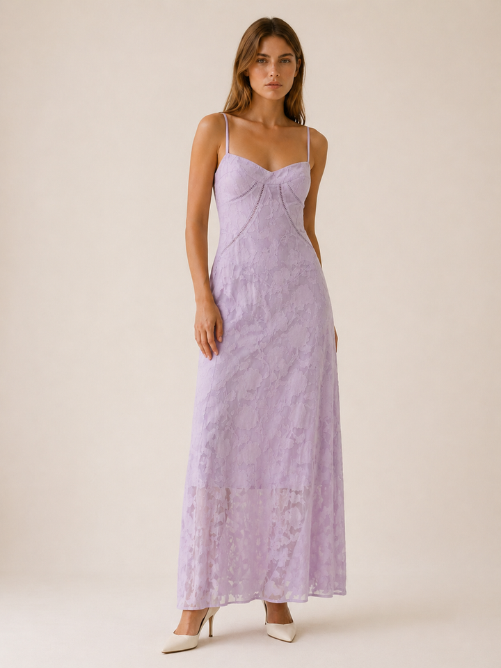 White Lace Maxi Dress with Strappy Detail – close-up
