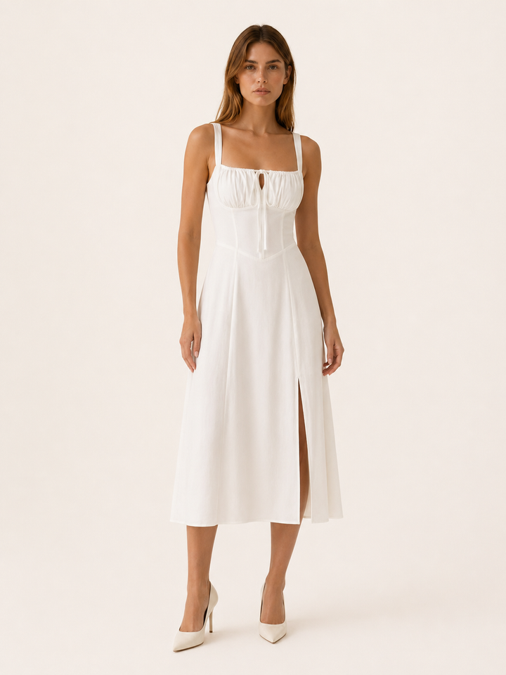 White Lace Up Midi Dress with Side Slit – front view