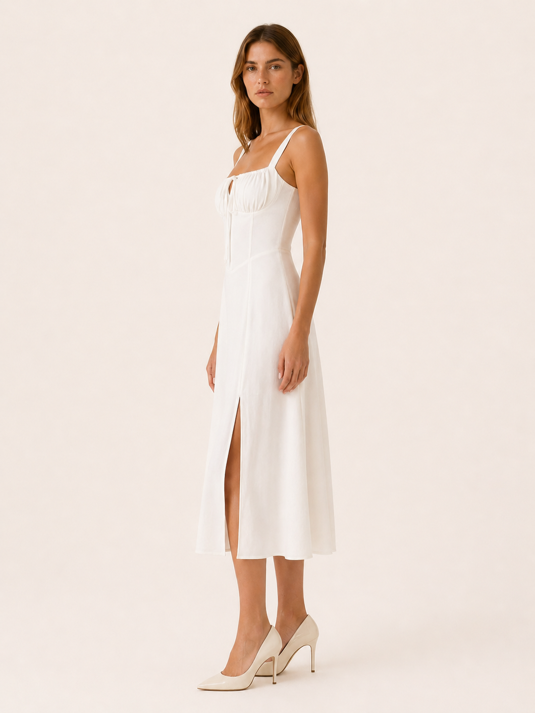Baby Blue Lace Up Midi Dress with Side Slit – side view
