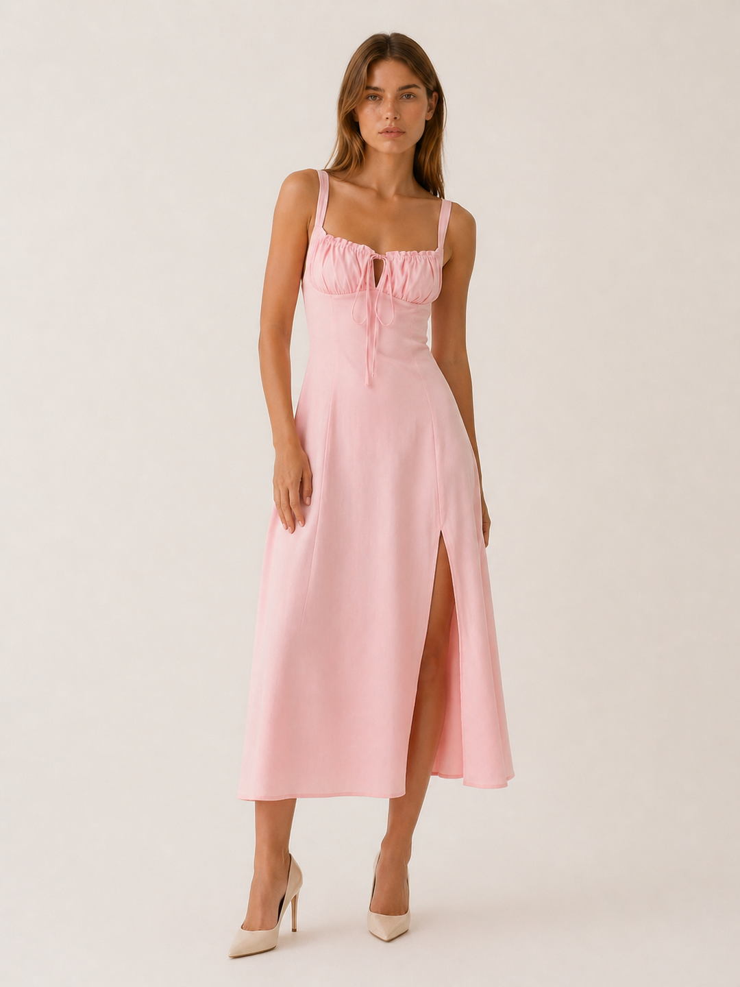 White Lace Up Midi Dress with Side Slit – full length view