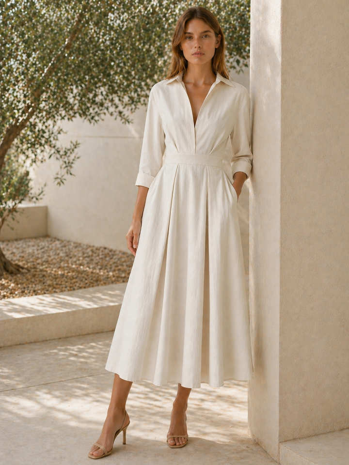Beige Midi Shirt Dress with Pleated Skirt and Pockets – back view