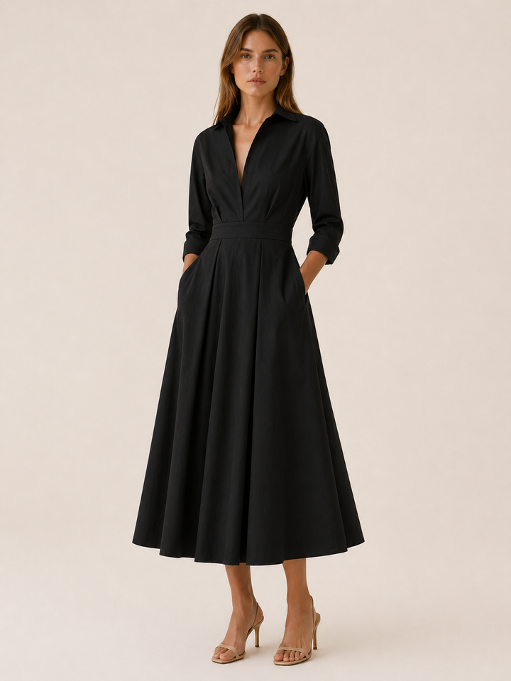 Black Midi Shirt Dress with Pleated Skirt and Pockets – detail view
